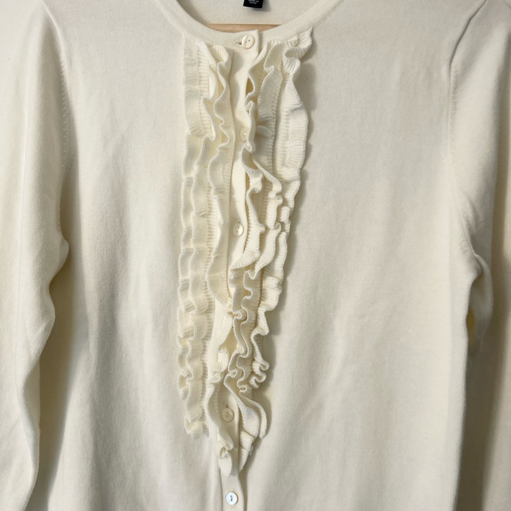 Lands' End Medium Ivory Ruffled-Front Button Cardigan - Picture 3 of 7